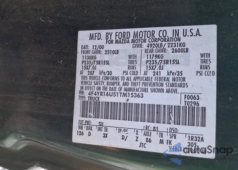 2001 Mazda B3000 Ds/Se из США, поврежденный, VIN 4F4YR16U51TM15363